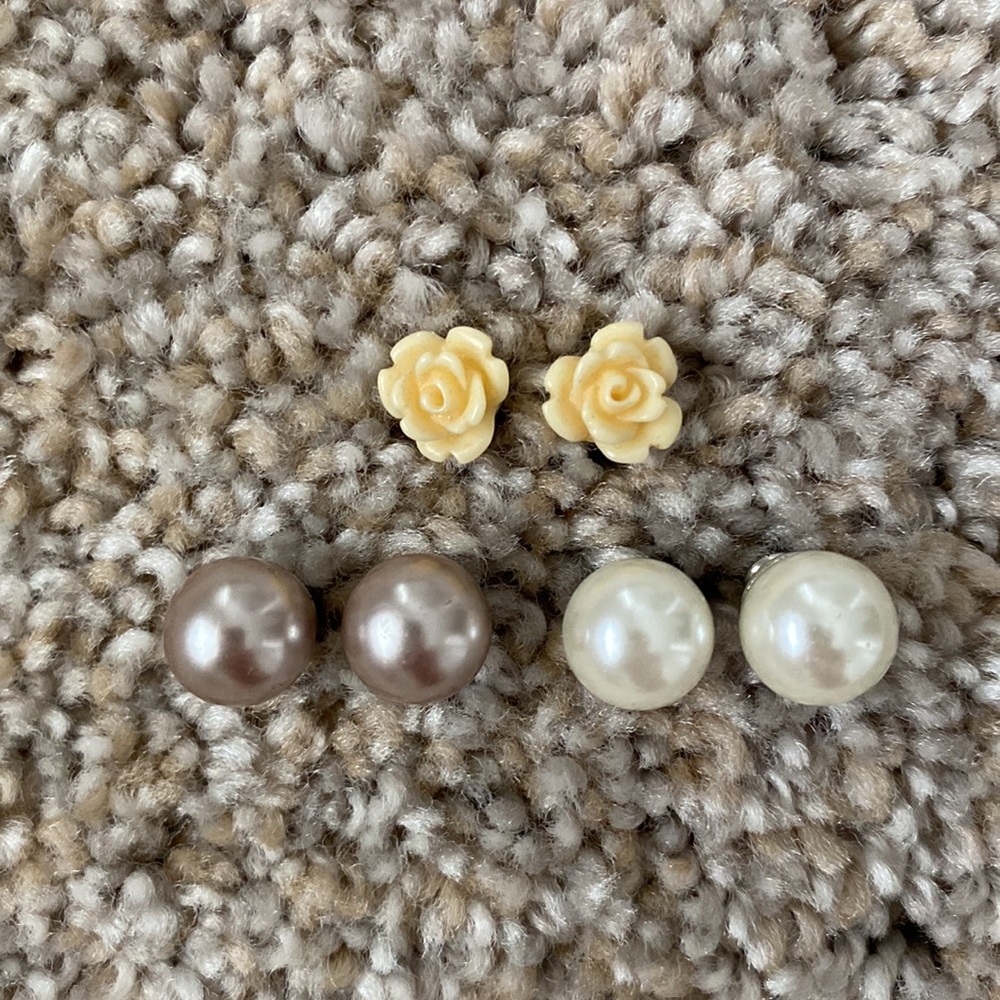Cream Rose Stud & Sterling Silver Pearl Stud Earrings (3)